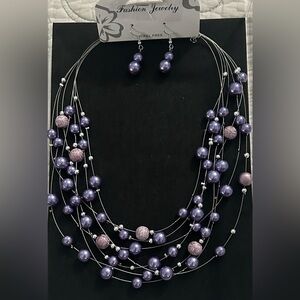 Purple Faux Pearl Floating Beaded Necklace and Earring Set